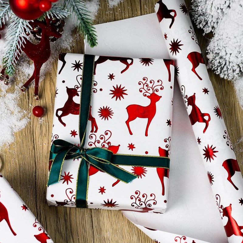 Yarcony Kraft Christmas Wrapping Paper, Cute Vintage 3D Reindeer Wrapping Paper, Luxury Red Christmas Deer Design Gift Wrap with 3D Embossed Foil for New Year, Holiday,Vacation (17 Inch X 33 Feet) - Image 4